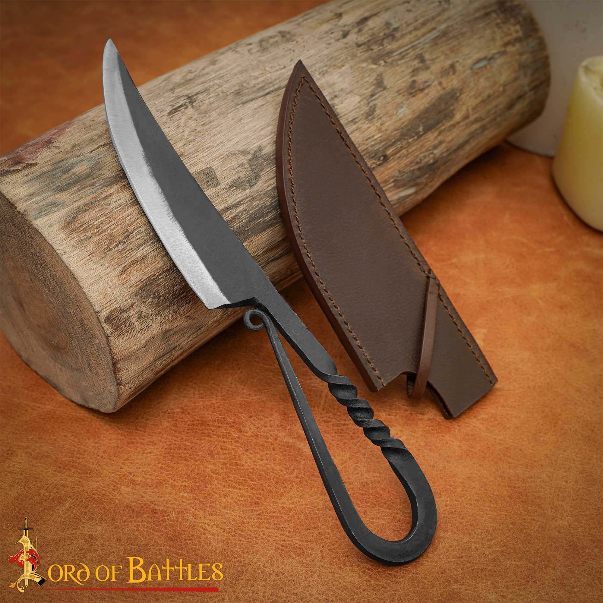 Auténtico Cuchillo Vikingo de Hierro Forjado a Mano - Mango Retorcido con Vaina de Cuero Auténtico