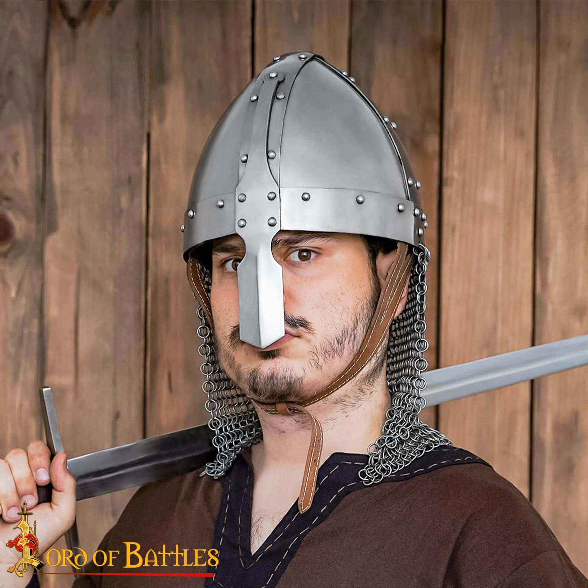 Casco Medieval Normando Nasal de Acero con Corail de Cota de Malla 16 Calibre