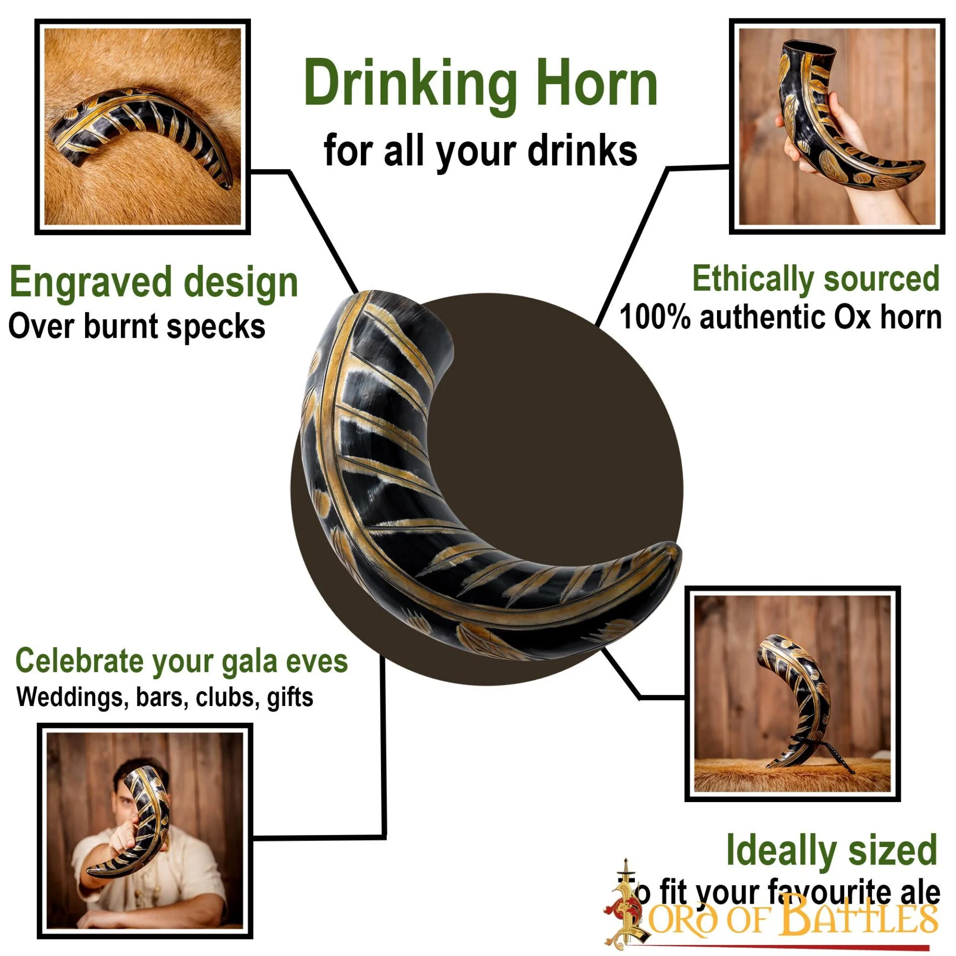 Cuerno para Beber Vikingo Medieval 400 - 500 Ml con Diseños Grabados Cuerno de Buey Auténtico Hecho a Mano - Image 5