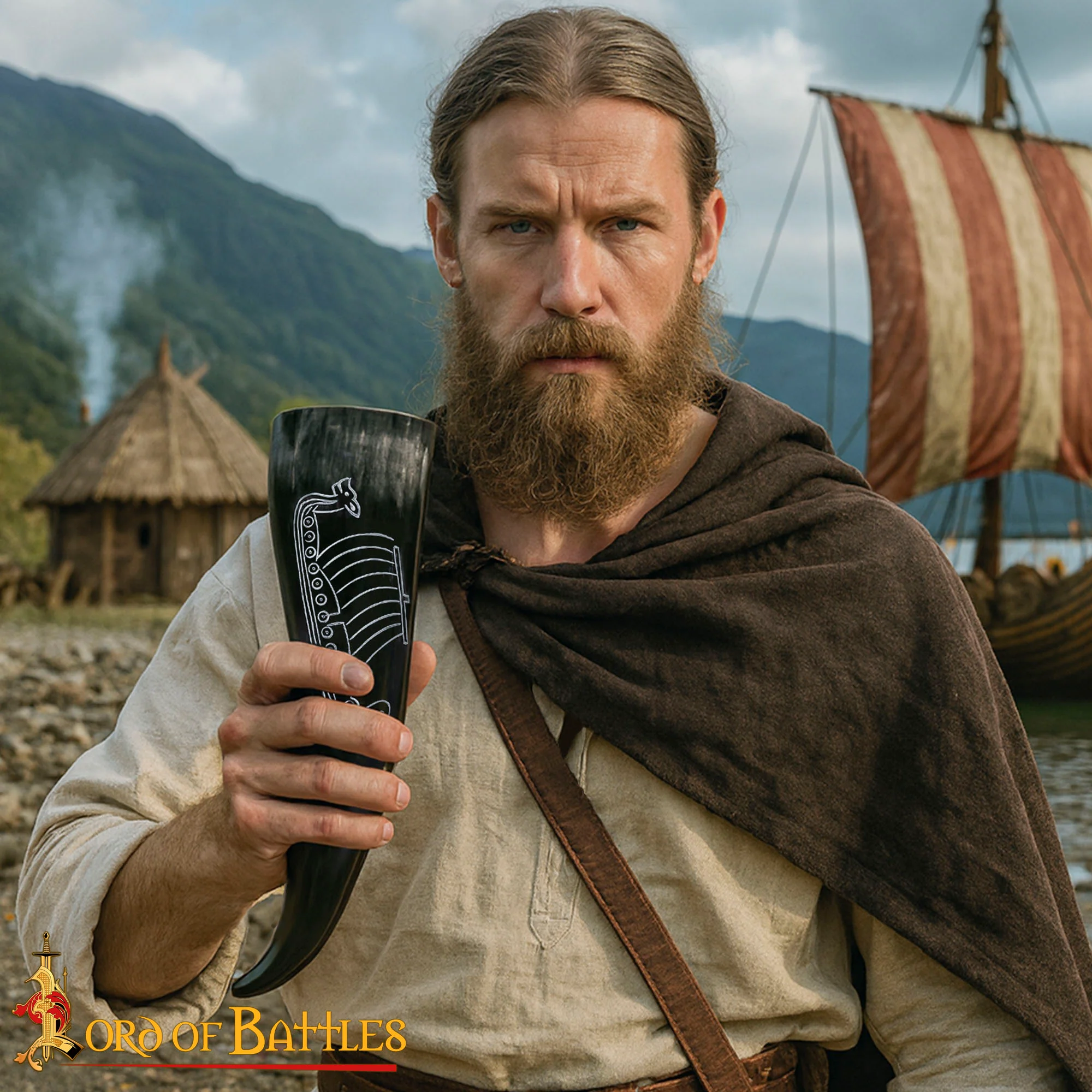 Cuerno Vikingo Artesanal con Grabado Longship