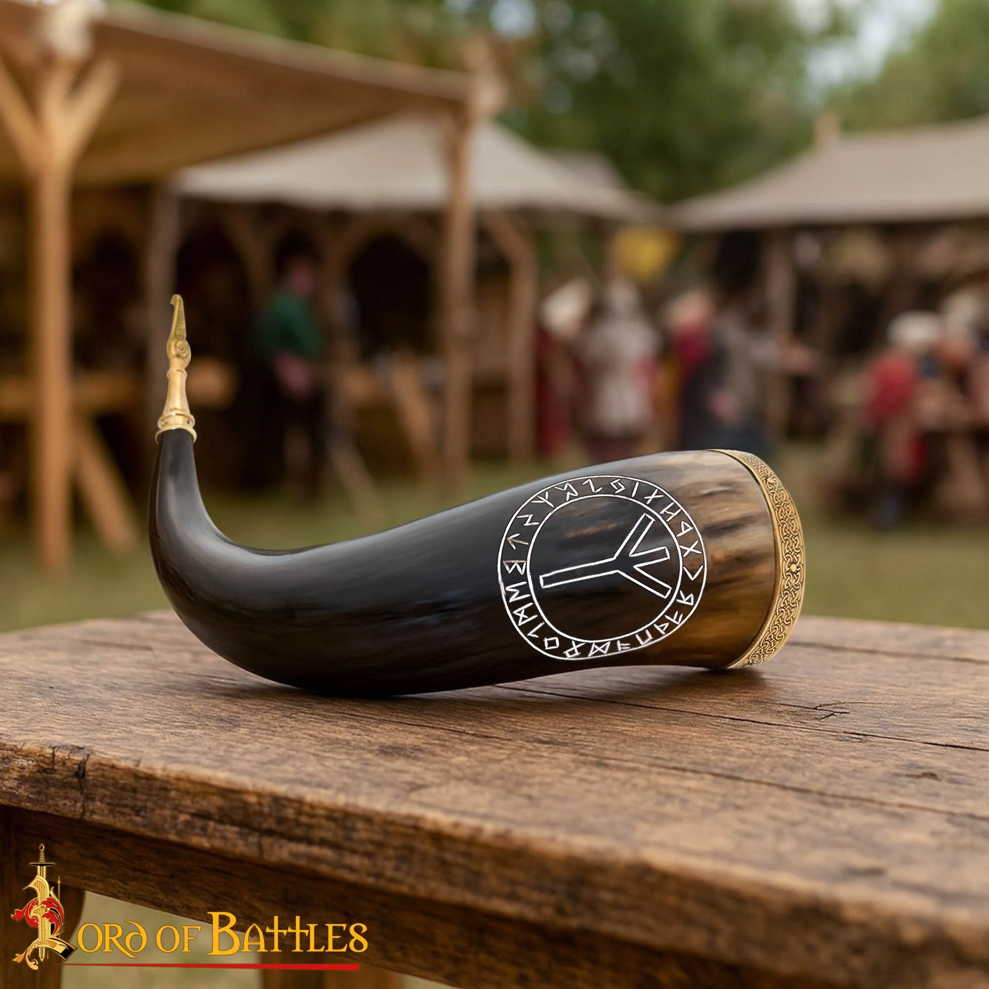 Cuerno Vikingo con Runa Algiz - Borde y Punta de Latón - Image 11