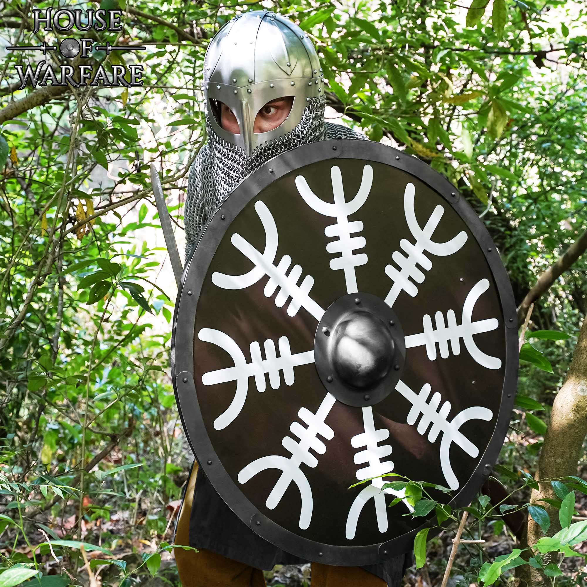 Escudo Vikingo de Madera con Yelmo de Pavor Diseño Aegishjalmur -escudo de Batalla Redondo Pintado - Escudo Medieval Funcional - Image 2