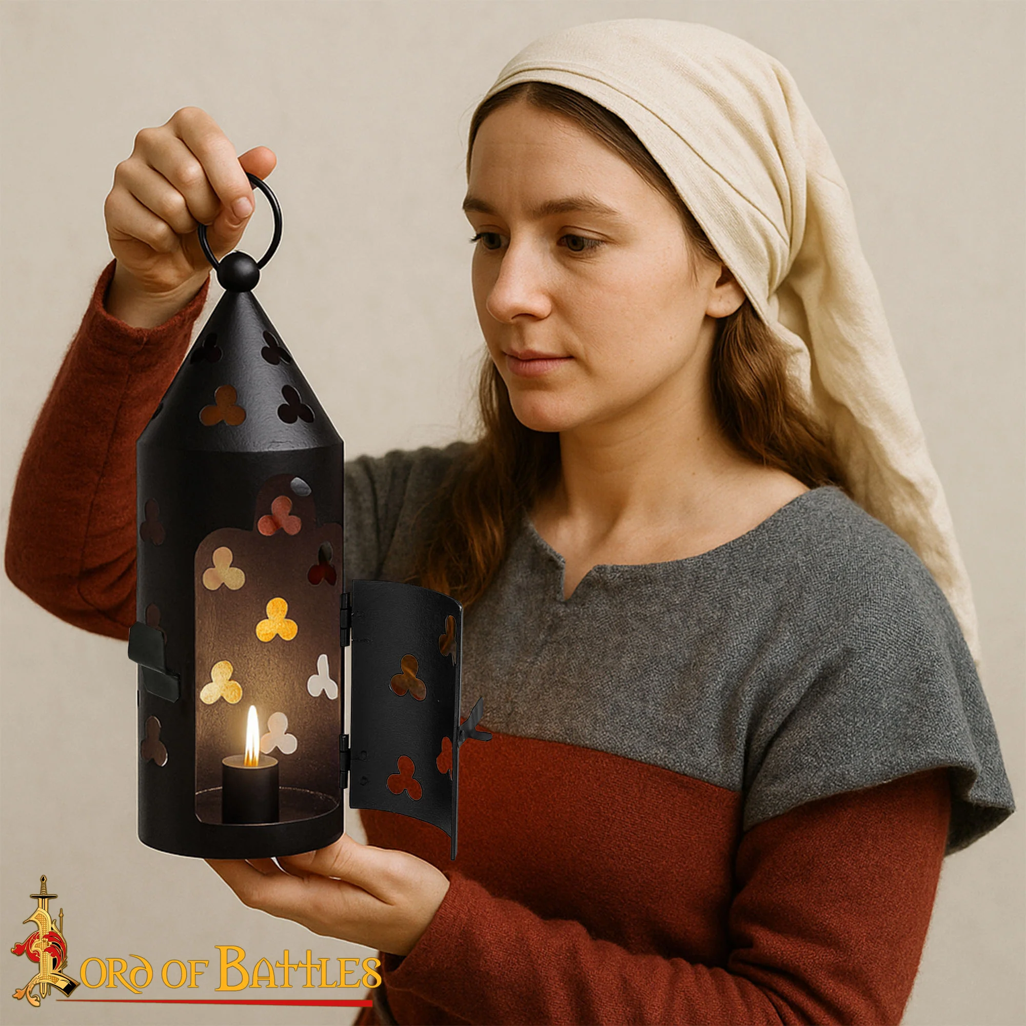 Farol Medieval de Hierro para Velas con Recortes de Trébol y Asa Anular - Image 11