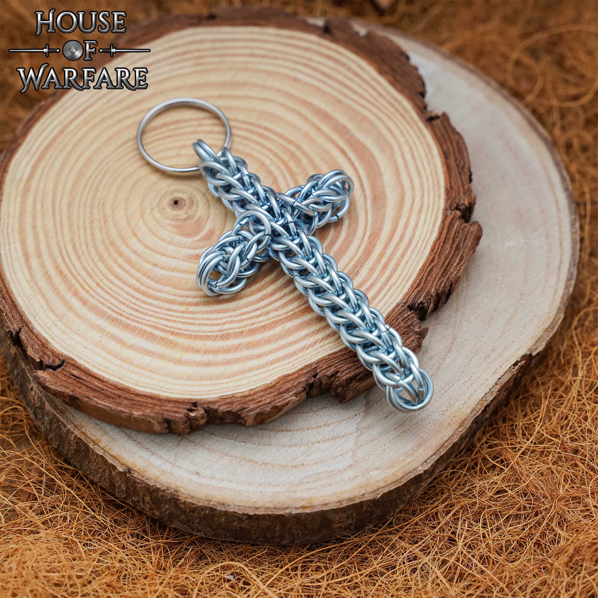 Llavero Rústico con Cruz de Cota de Malla - Anillo Conificado de 10 Mm - Acero Dulce de Calibre 16 - Ideal para Larp, Cosplay y Reenactments