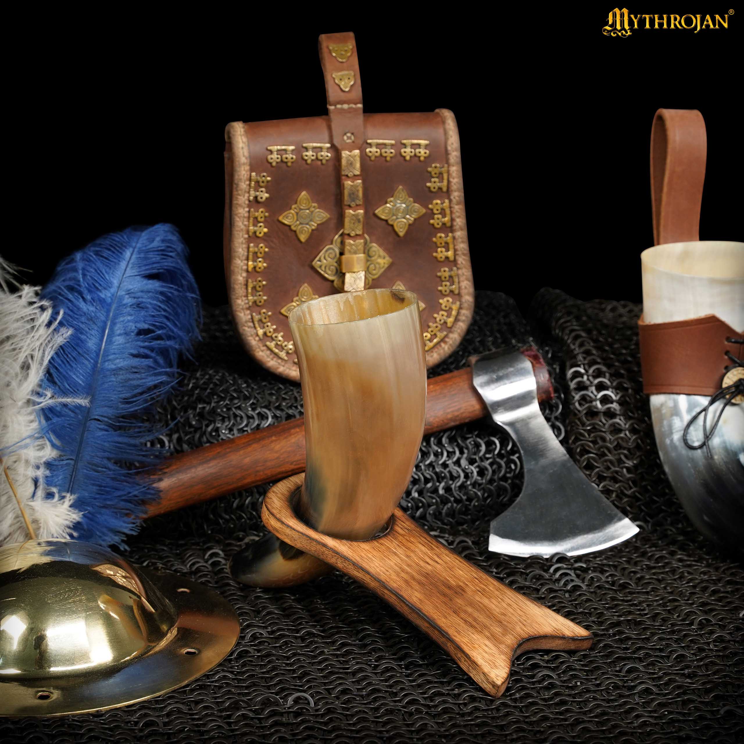 Mythrojan Estante de Cuerno para Beber de Madera Maciza | Acabado Natural Soporte Vikingo para Aguamiel | Soporte Medieval para Cuerno - Image 4