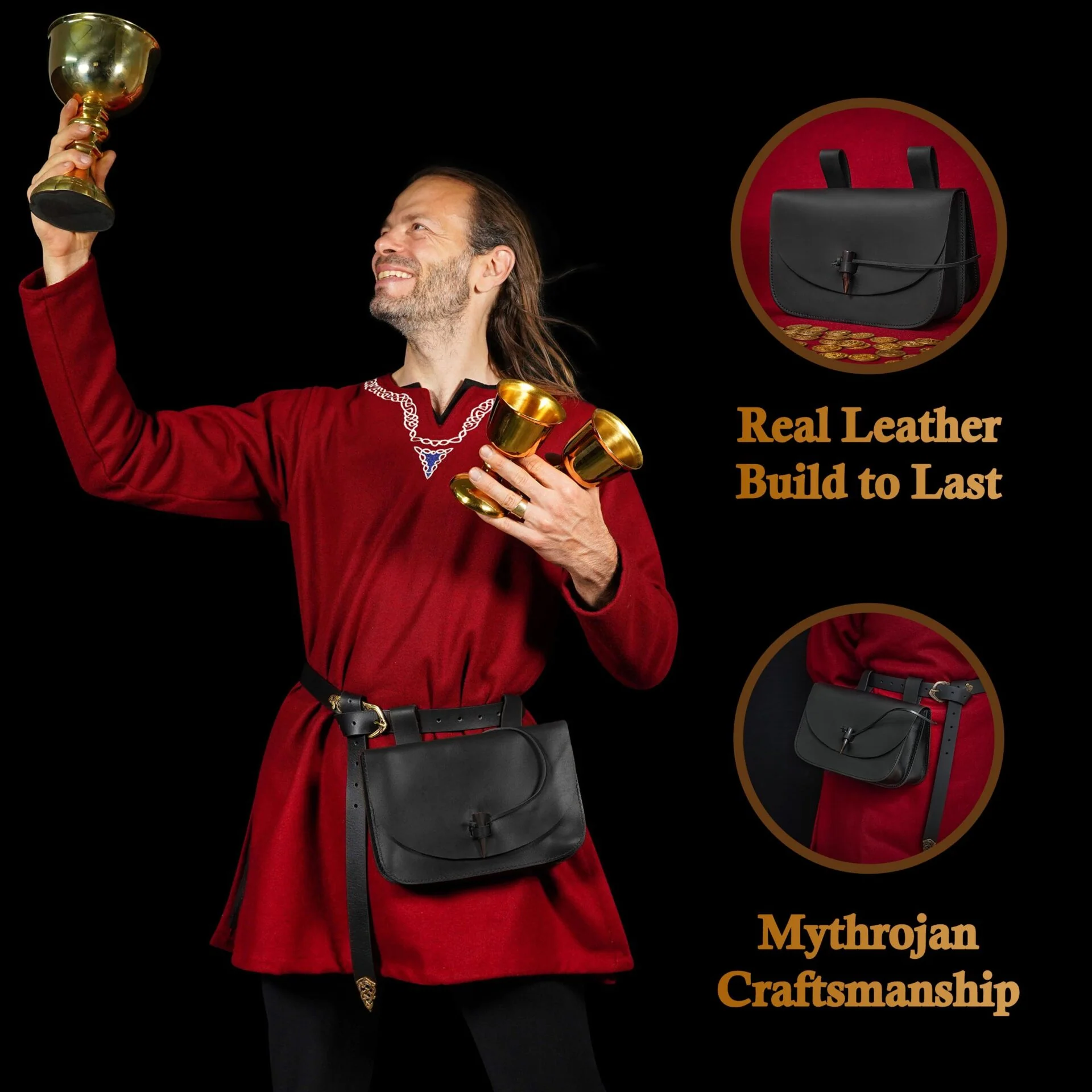 Mythrojan Extra Grande Marrón Medieval Cinturón de Cuero Bolsa Renaisance Accesorio Larp Bolsa - Negro - Image 2