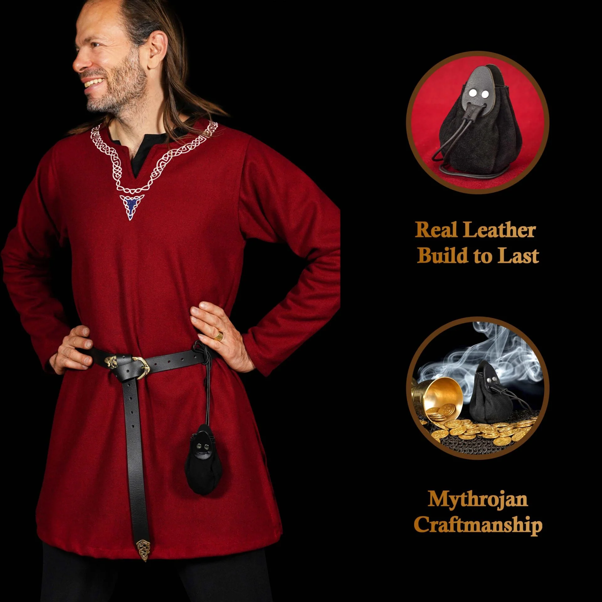 Mythrojan "gold And Dice" Drawstring Pouch, Ideal For Sca Larp Reenactment & Ren Fair - Suede Leather Pouch, Black, 4 - Image 6