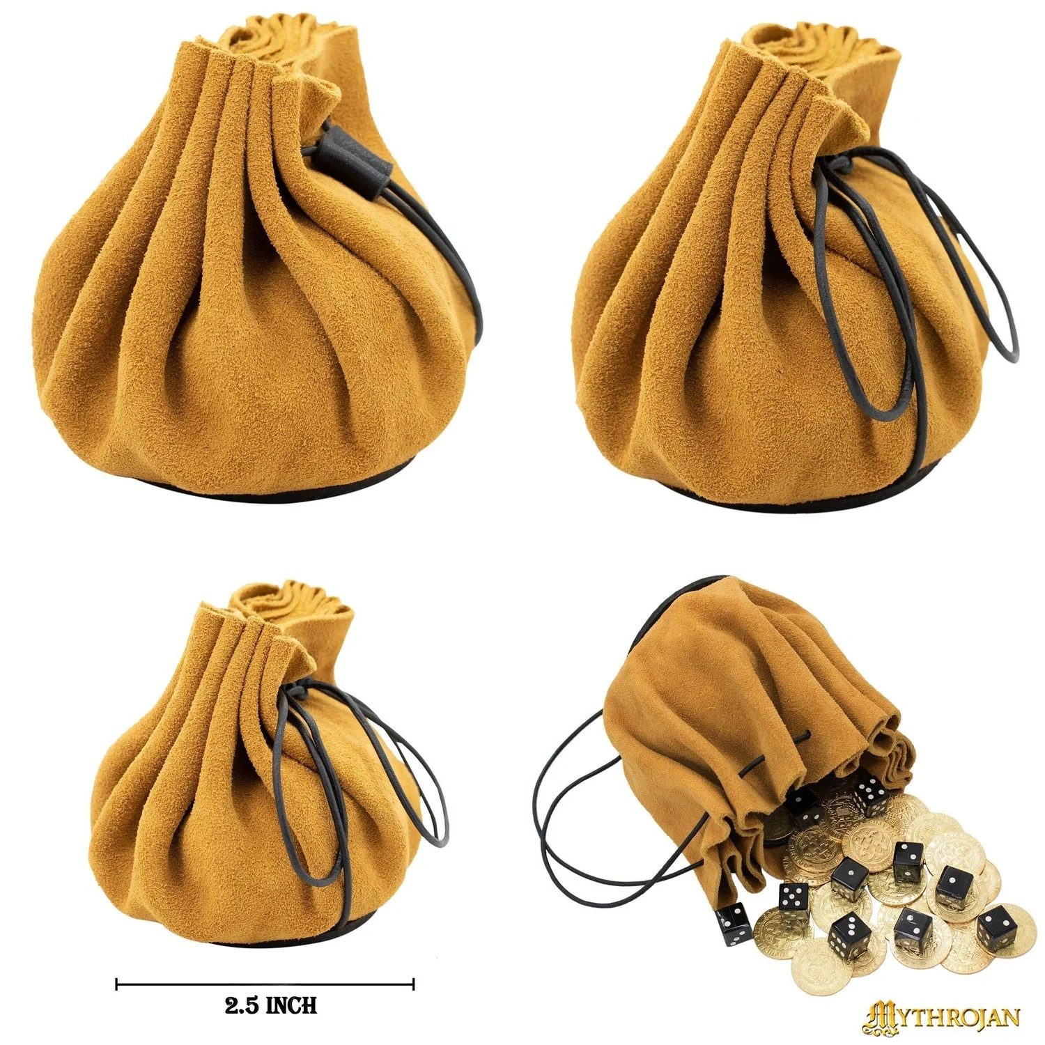 Mythrojan " Gold And Dice " Medieval Drawstring Pouch , Ideal For Sca Larp Reenactment & Ren Fair : Bolsa de Cuero de Gamuza , 2.5". - Image 2