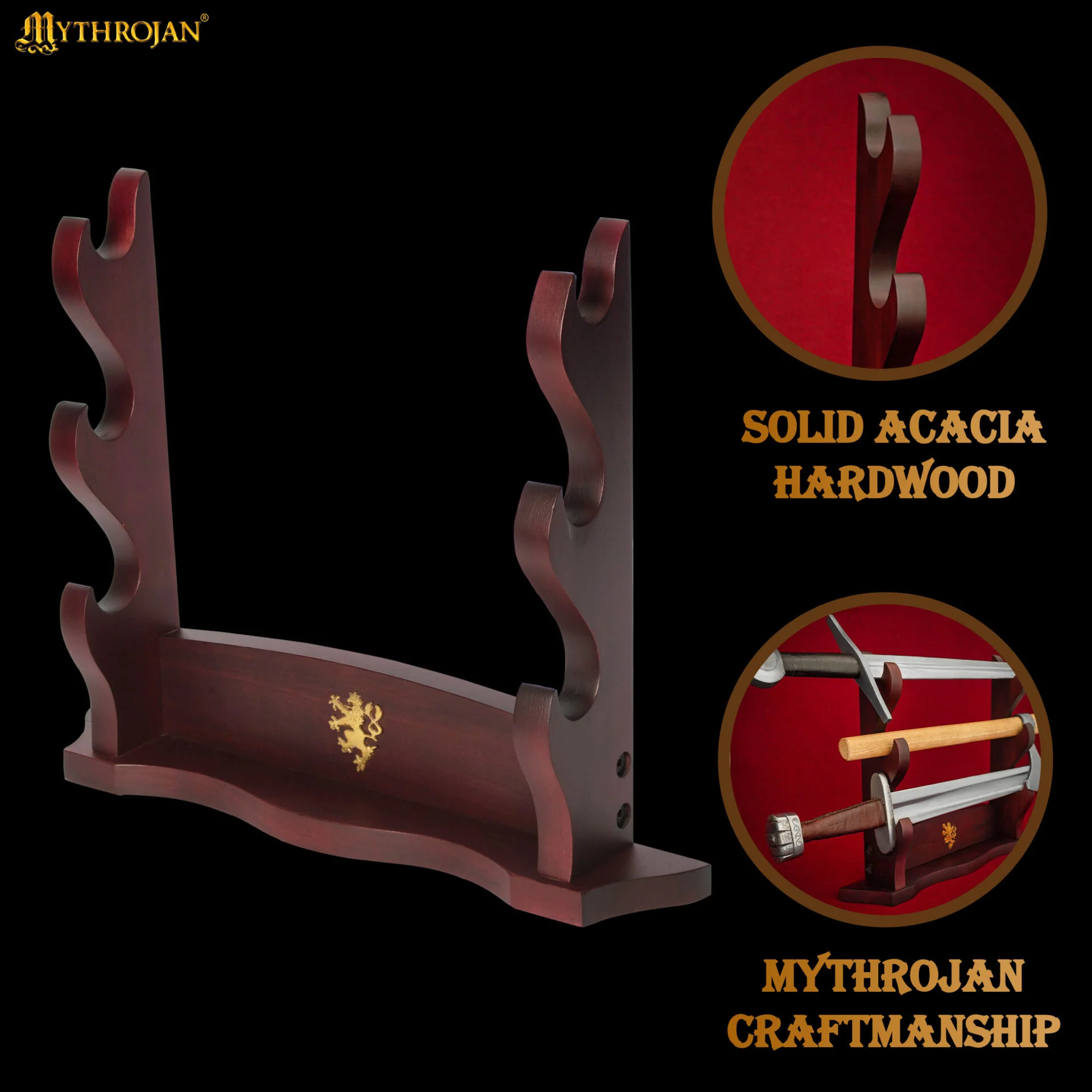 Mythrojan Soporte para Espada de Madera Maciza Tres Soportes con Decoración - Image 3