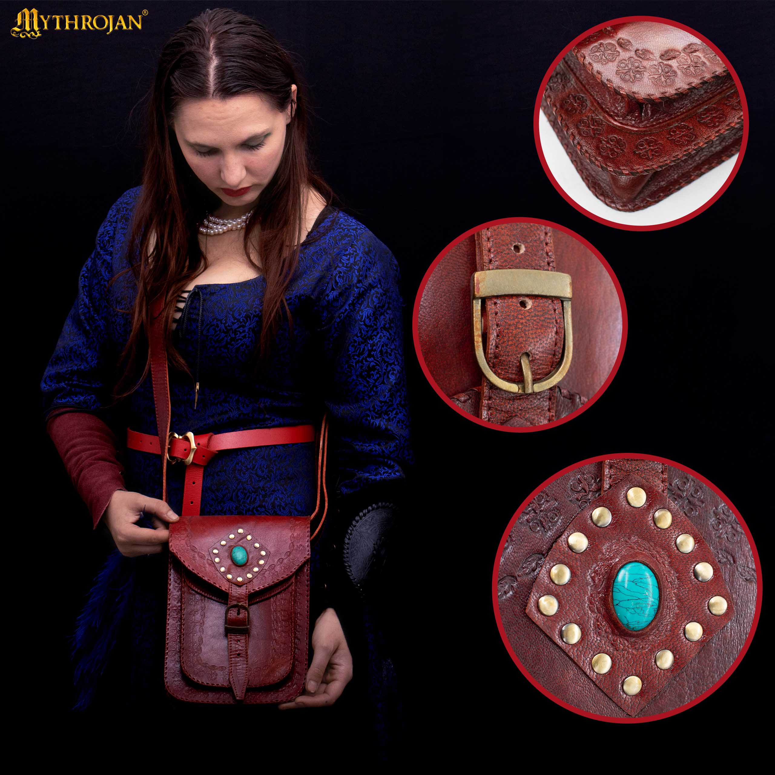 Mythrojan "sorceress From The East" Medieval Sling Bag, Granate 10" X 7" - Image 9