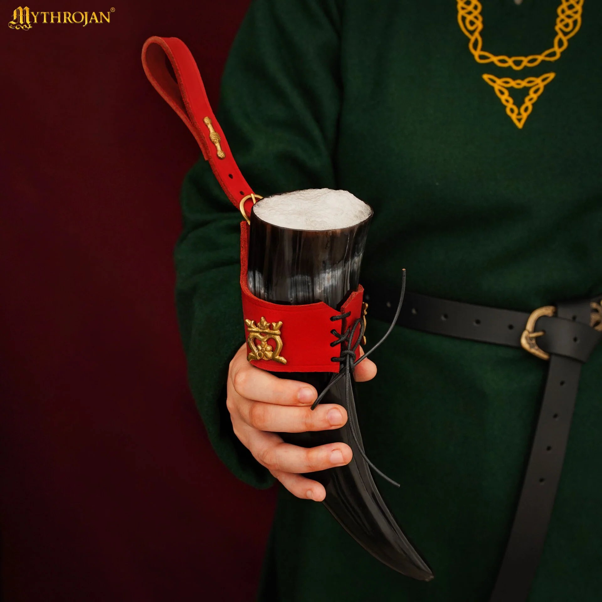 Mythrojan The Elegant Lady 250 Ml Cuerno Vikingo para Beber con Soporte de Cuero Rojo - Image 5