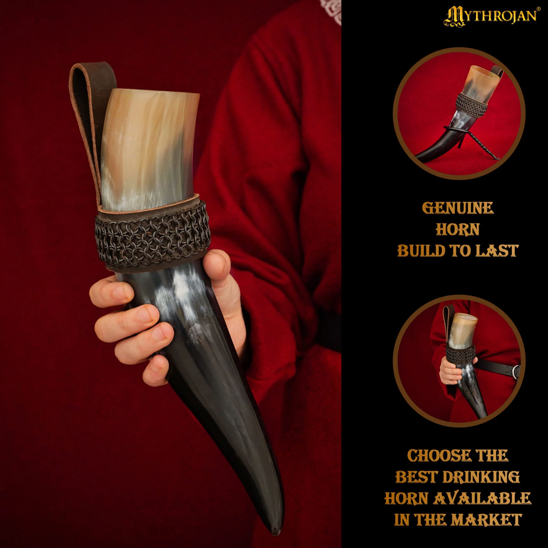 Mythrojan The Witcher Companion Vikingo Cuerno para Beber con Soporte de Cuero Marrón Auténtica Taza de Vino/madera Vikinga de Inspiración Medieval - Acabado Pulido 400 Ml - Image 2