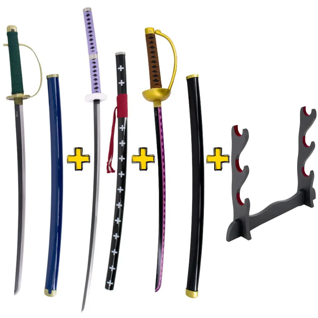 Pack Pirata One Piece: 3 espadas + Expositor
