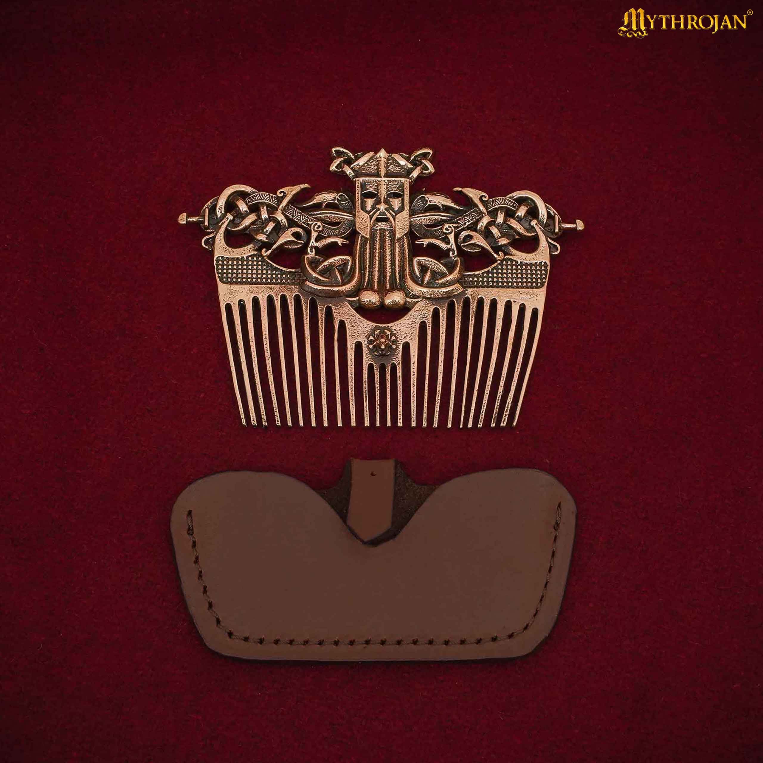 Peine para Barba Nórdico de Bronce con Funda de Cuero - Herramienta de Acicalamiento de Estilo Vikingo