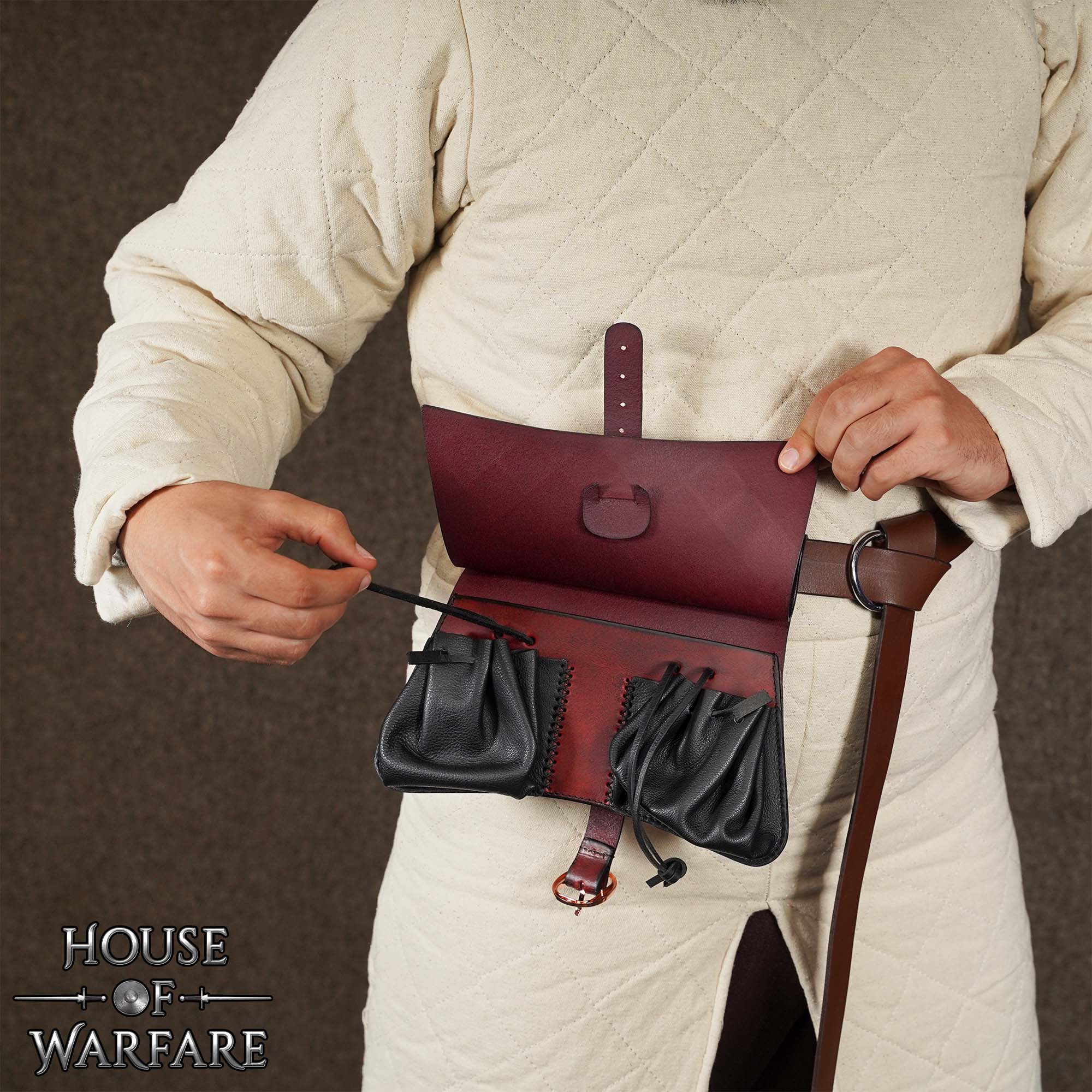 Riñonera Medieval de Cuero - Bolsa Negra y Granate Hecha a Mano con Múltiples Compartimentos Interiores - Image 5