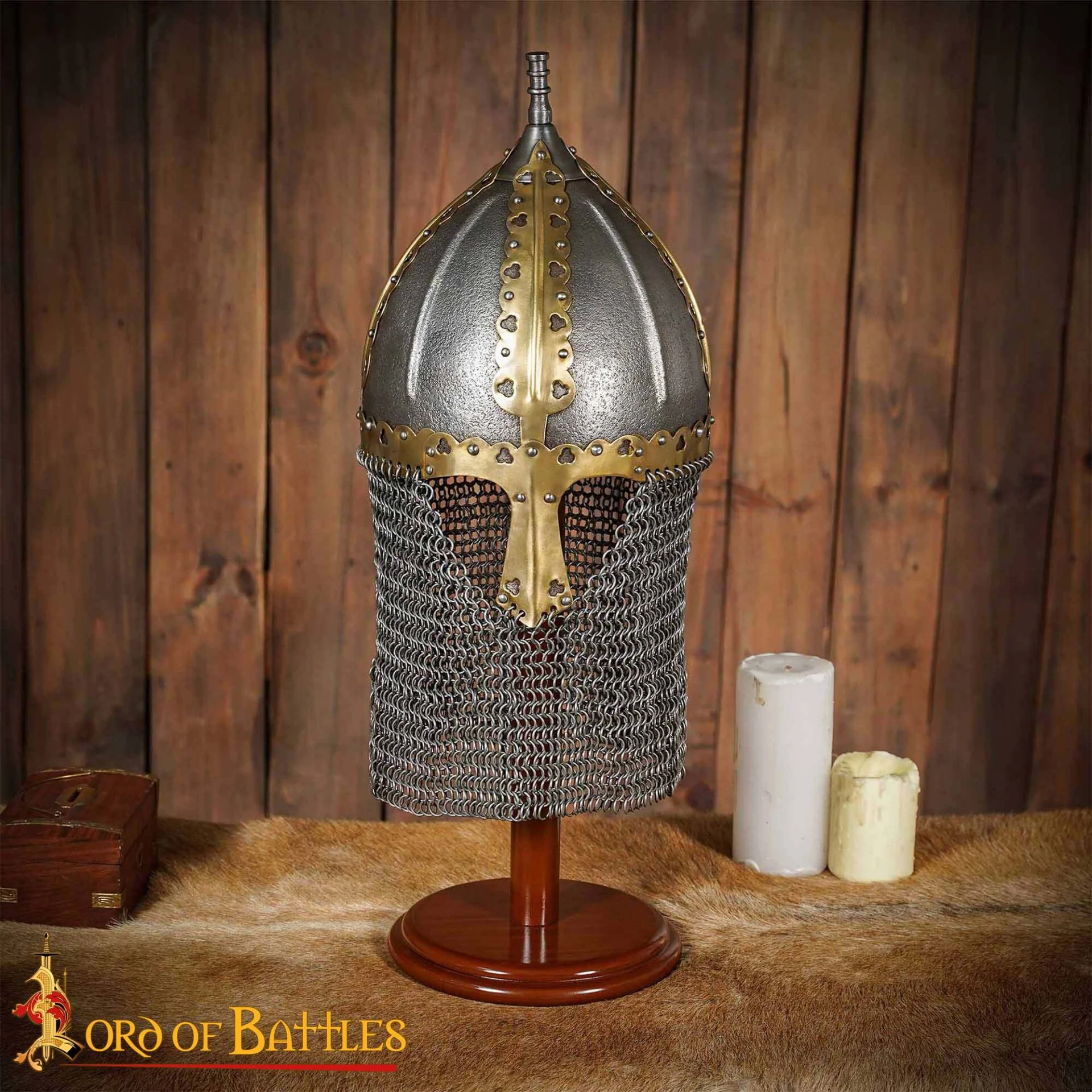 Soporte para Casco Medieval de Madera - Acabado Nogal, Base Redonda - Image 8