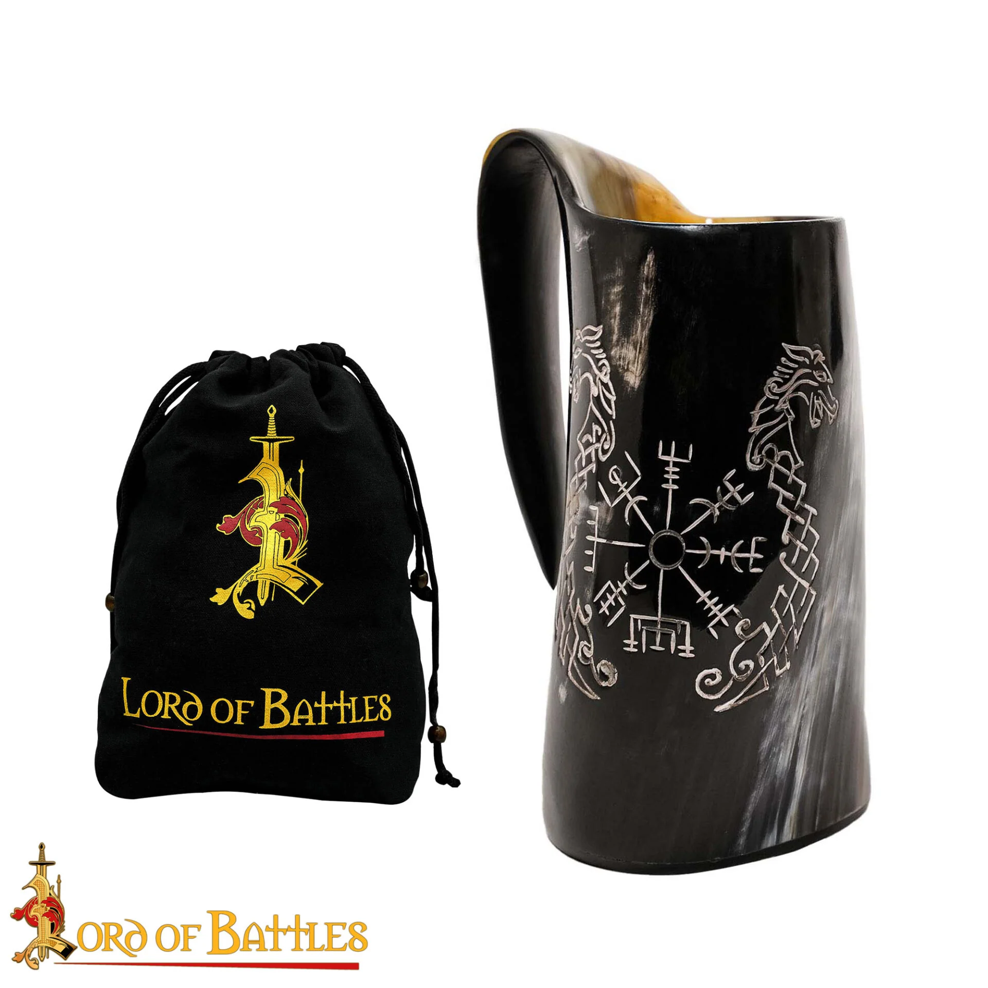 Taza de Cuerno Vikingo Artesanal - Vegvisir y Caballo - Image 2