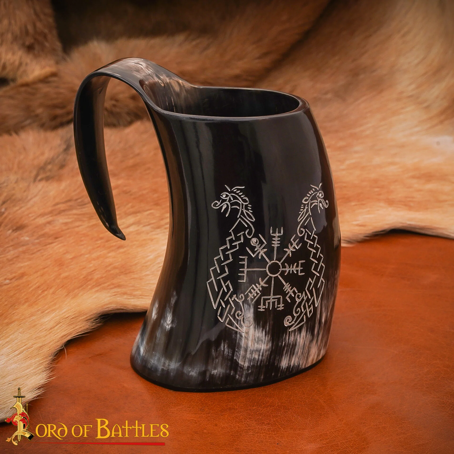 Taza de Cuerno Vikingo Artesanal - Vegvisir y Caballo - Image 5