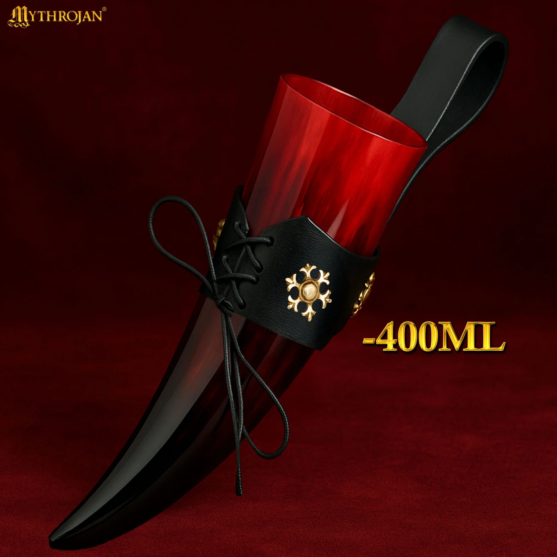 Taza Medieval para Beber Hidromiel 400ml Rojo Vikingo Cuerno de Buey con Soporte de Cuero Negro Pulido - Image 9