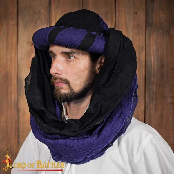 Turbante Medieval Sarraceno - Negro y Violeta Desierto Head Wrap para Larp, Fantasía y Temas Históricos