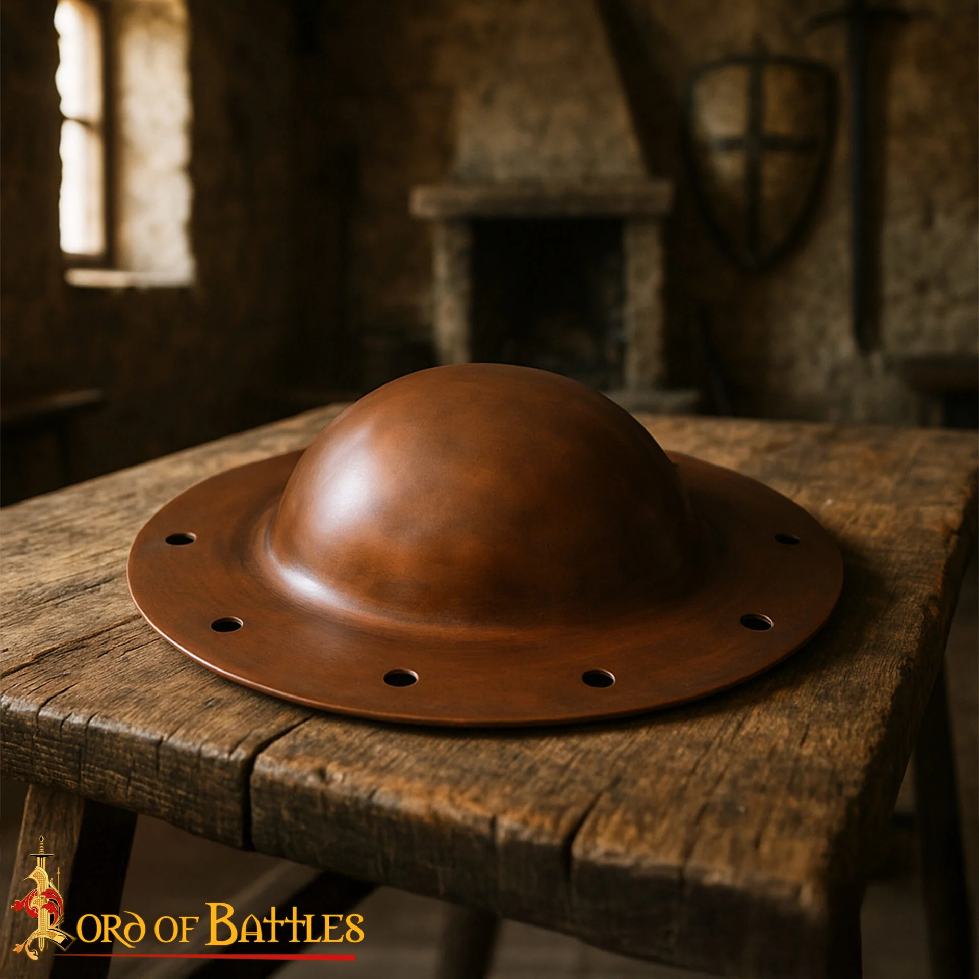 Umbo de Jefe de Escudo Medieval Chapado en Cobre de Calibre 14 con Remaches